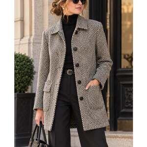 Vintage 90s Liz Claiborne Wool Coat Petite M Black Cream Tweed Herringbone